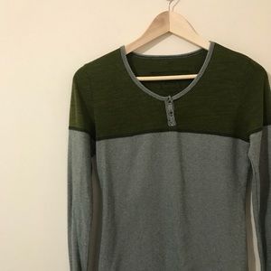 prAna Long Sleeve Olive Green Color Block Tee